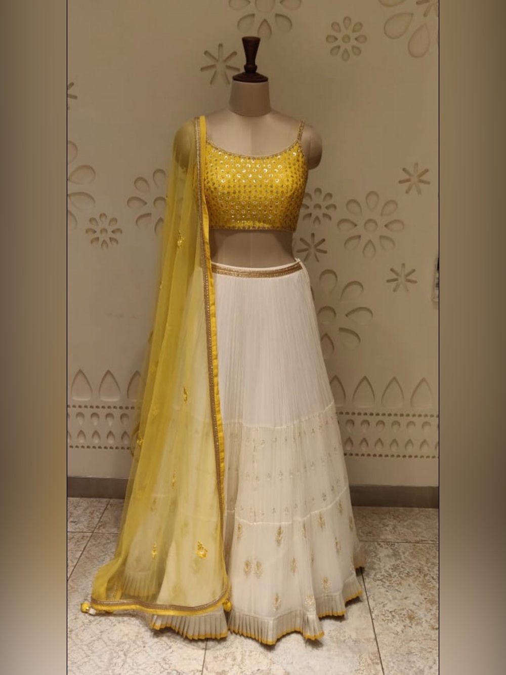 Beautiful Yellow Choli and Ivory/Oatmeal Lehenga